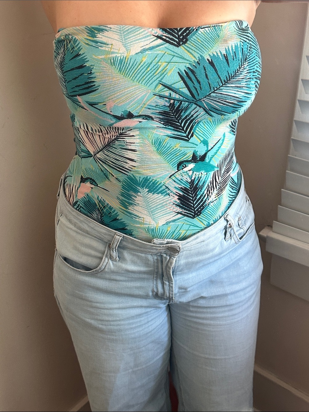 H&M Tropical Hummingbird Palm Print Strapless Teal Aqua Blue Tube Top Built Bra